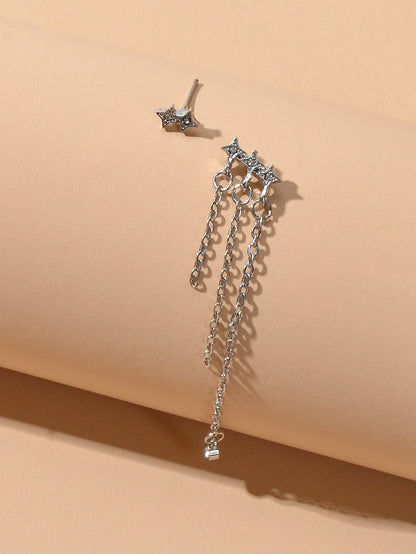 Designer Jewellery Rhinestone Star Silver Chain Tassel Asymmetric Stud Earrings-1