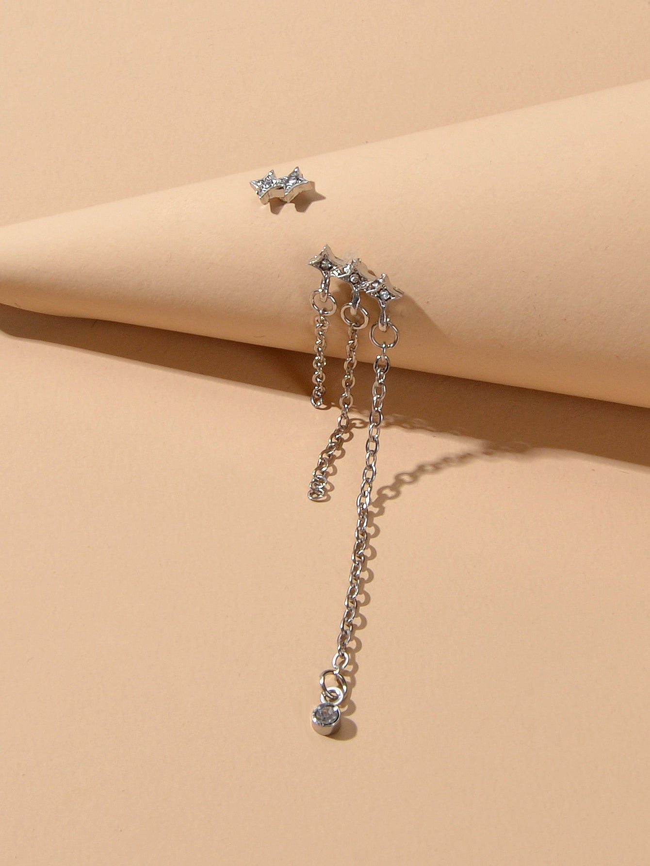 Designer Jewellery Rhinestone Star Silver Chain Tassel Asymmetric Stud Earrings-2