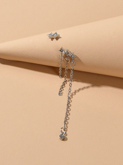 Designer Jewellery Rhinestone Star Silver Chain Tassel Asymmetric Stud Earrings-2