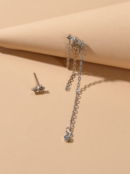 Designer Jewellery Rhinestone Star Silver Chain Tassel Asymmetric Stud Earrings-3