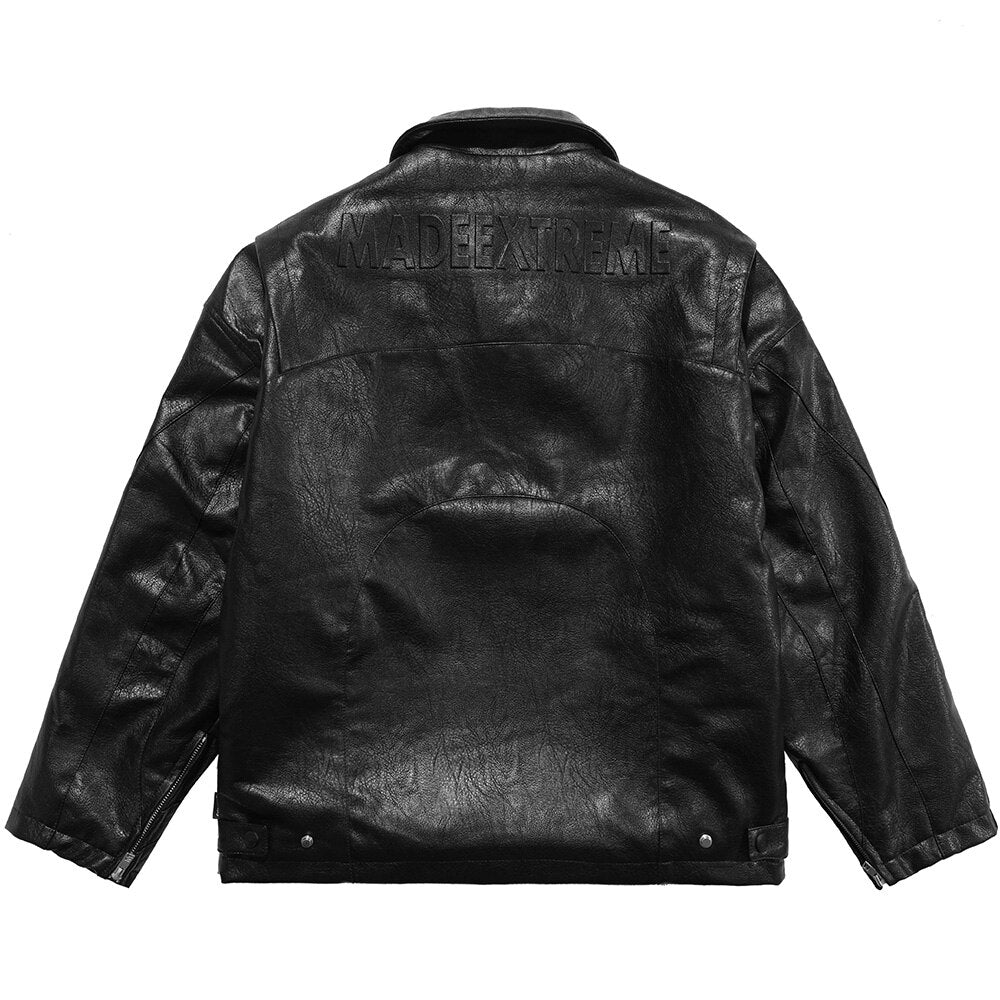 Thick Leather Parkas Men Letter Zipper Pockets Motorcycle Jacket Winter Men Loose Fashion Punk All-match Outwear Unisex-1