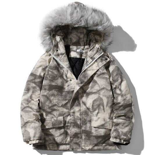 Hooded Parkas Winter Jacket Men Tie Dye Print Cargo Coats Jackets Retro Distressed Fashion Thicken Padded Outerwear Men-0